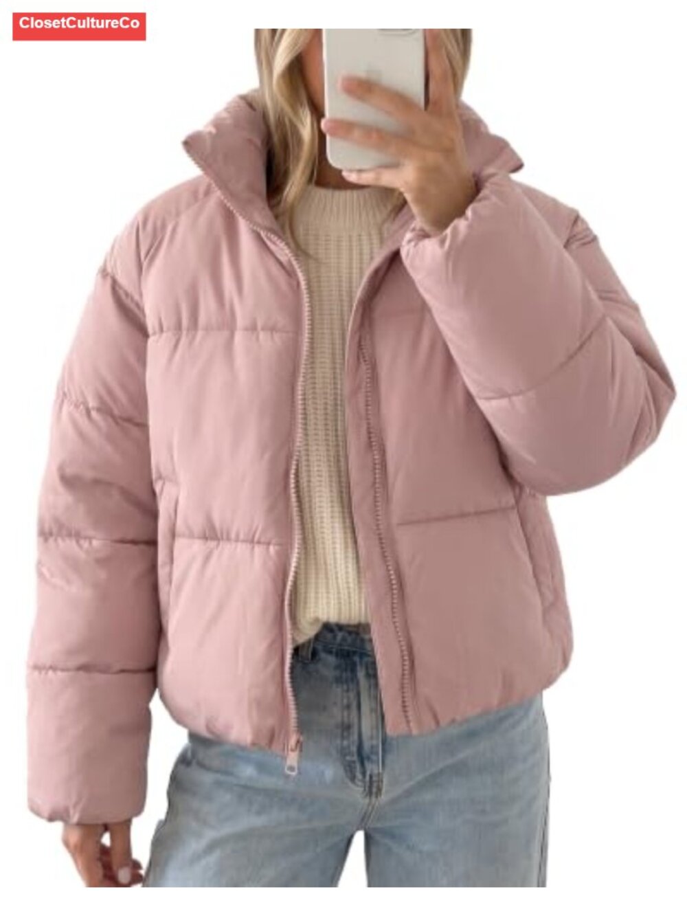 Womens Cropped Puffer Jacket Quilted Zip Up Winter Coat Oversized